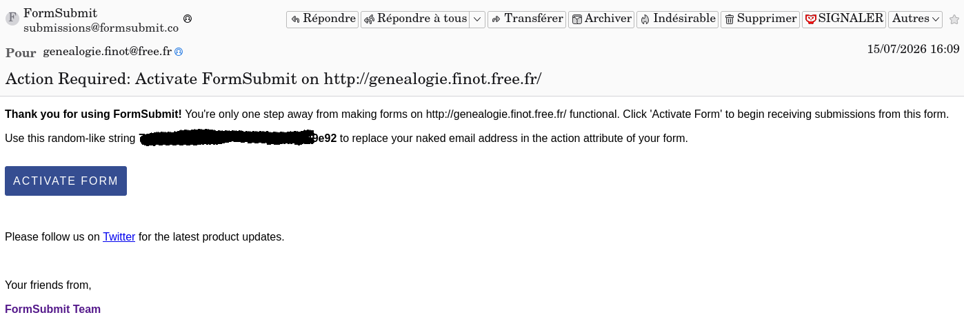Email d'activation de FormSubmit